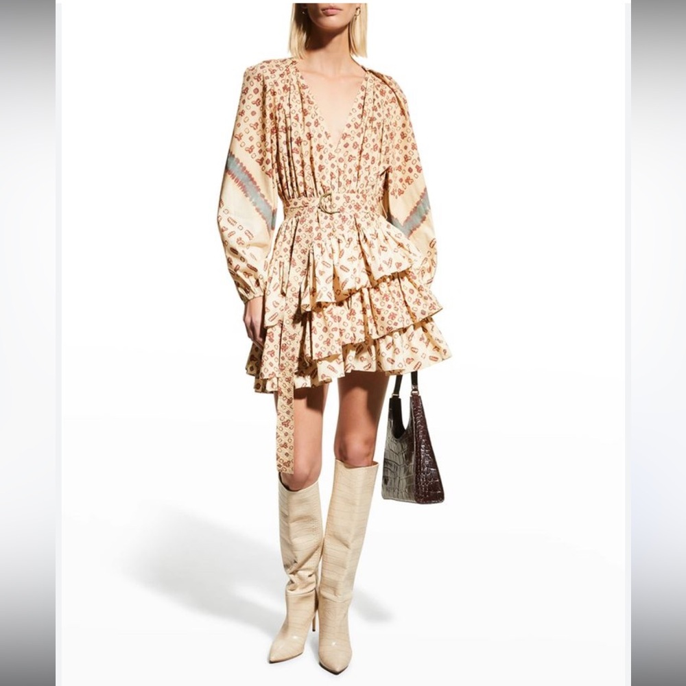 Ulla Johnson Cream and Brown Patterned Long Sleeve Dress